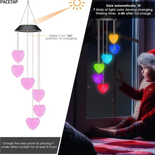 PACETAP Heart Solar Wind Chimes Outdoor Decorations, Valentine's Day Waterproof LED Color Changing Lights, Outside Yard Mobile Wind Chime Decor for Mom Grandma Women Wife Sister