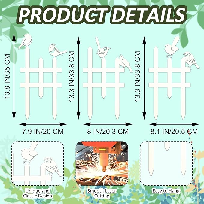 3 Pcs Small Garden Fence with 6 Pieces Birds Decoration, Metal Birds Yard Decor, Insert Lawn Picket Fence Garden Borders Decorative for Landscape Path Flowerbeds Plant Yard, Fence Decorations Outdoor