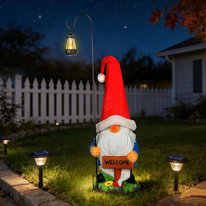 Enrichoice 39" Tall Large Garden Gnomes Outdoor with Solar Lantern, Weatherproof PVC Gnomes Decorations for Yard Statue with Ground Stake for Lawn, Pathway, Patio & Porch Decor (Excluding Battery)