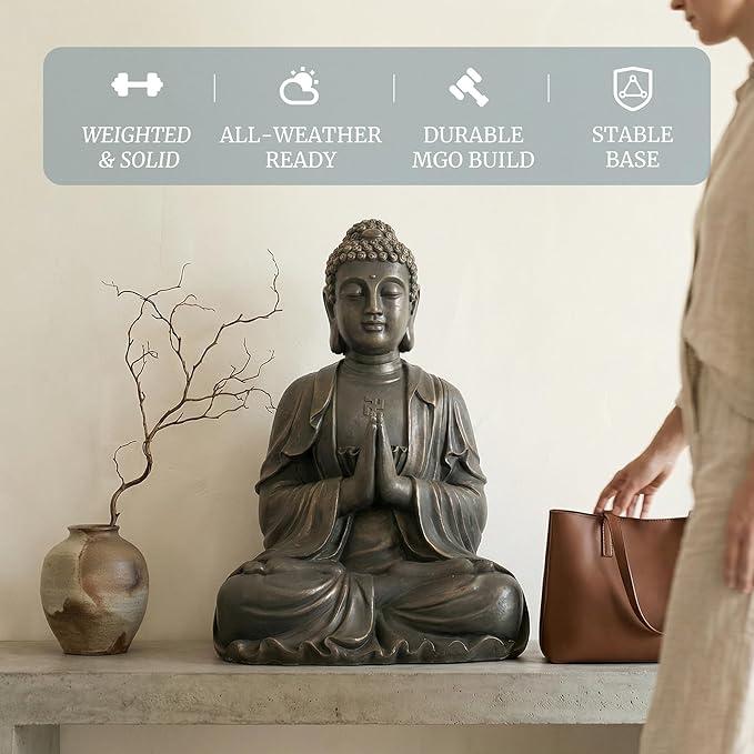 Sculptures Buddha Statue, Garden Statues 23.6 Inch Tall, Large Magnesium Oxide Buddha Sculpture Indoor & Outdoor, Statue for Home Decor Yard Porch Patio, Dark Gray with Gold Accents