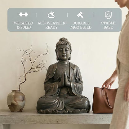Sculptures Buddha Statue, Garden Statues 23.6 Inch Tall, Large Magnesium Oxide Buddha Sculpture Indoor & Outdoor, Statue for Home Decor Yard Porch Patio, Dark Gray with Gold Accents