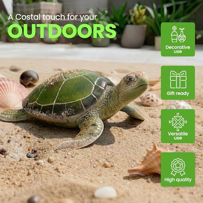 Resin Sea Turtle Decorative Statue - 16x15 Inch Tropical Wall and Garden Art -Ocean-Themed Décor for Home - Beach House - Coastal - Marine Enthusiasts (Green)