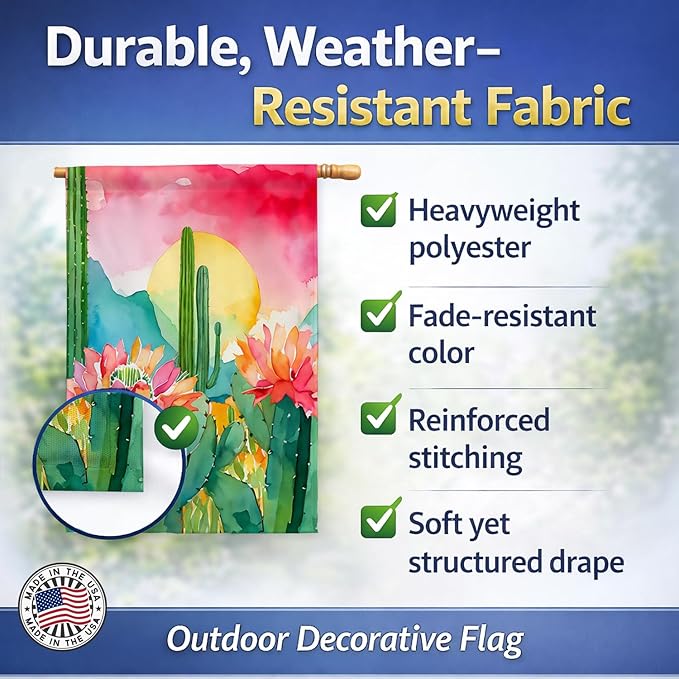 Caroline's Treasures Arizona Saguaro Cactus Blossom in Watercolor House Flag Large Porch Sleeve Pole Decorative Outside Yard Banner Artwork Wall Hanging, Polyester, House Size, Multicolor