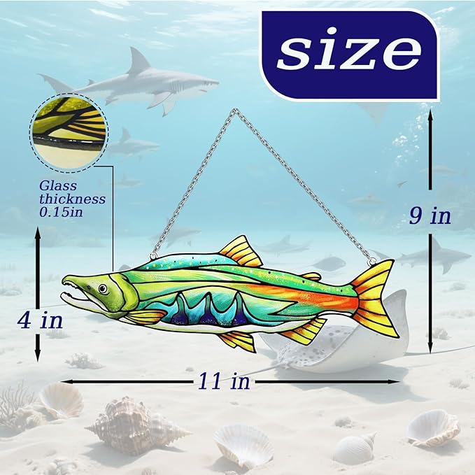 Stained Glass Suncatchers for Windows, Salmon Hanging Sun Catchers Indoor Window, Theme Birthday Gifts for Fishing Lovers