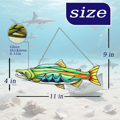 Stained Glass Suncatchers for Windows, Salmon Hanging Sun Catchers Indoor Window, Theme Birthday Gifts for Fishing Lovers