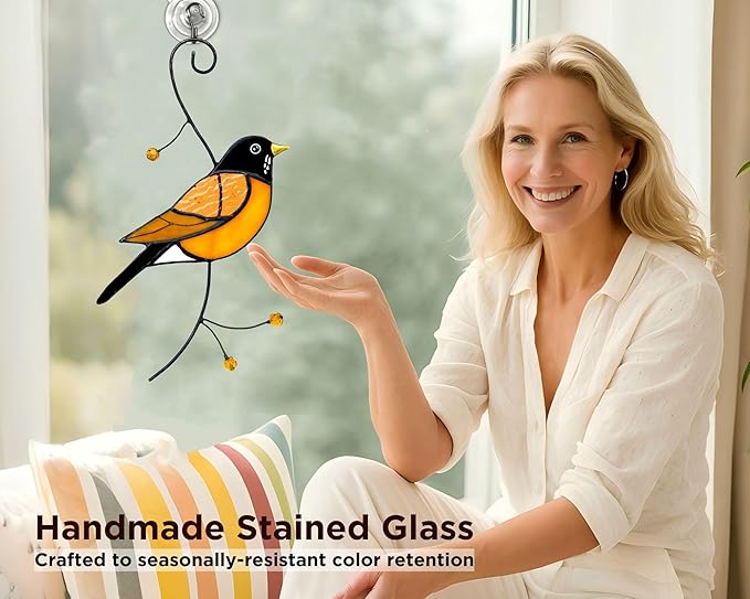 American Robin Stained Glass Window Hanging - Handmade Real Glass Robin Bird Suncatcher for Women, Mom, Grandma - Elegant Gifts Box Home Decor (H7.9xW4.1 Inch)
