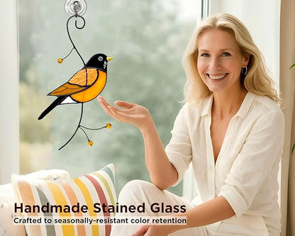 American Robin Stained Glass Window Hanging - Handmade Real Glass Robin Bird Suncatcher for Women, Mom, Grandma - Elegant Gifts Box Home Decor (H7.9xW4.1 Inch)