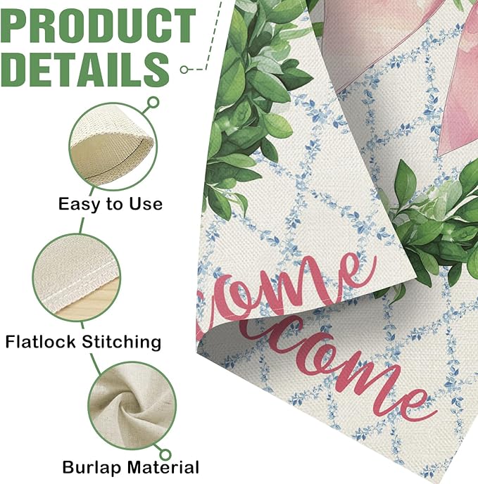 Dyrenson Welcome Pink Bow Wreath 28 x 40 House Flag Double Sided, Coquette Ribbon Eucalyptus Leaves Garden Yard Decoration, Botanical Plants Burlap Outdoor Decor Decorative Large Flag
