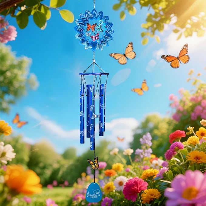 33inch Butterfly Wind Chimes Outdoor | Deep Tone Sympathy Memorial Wind Chime with 3D Spinner, Hanging Garden Decor, Butterfly Gift for Women/Mom/Grandma