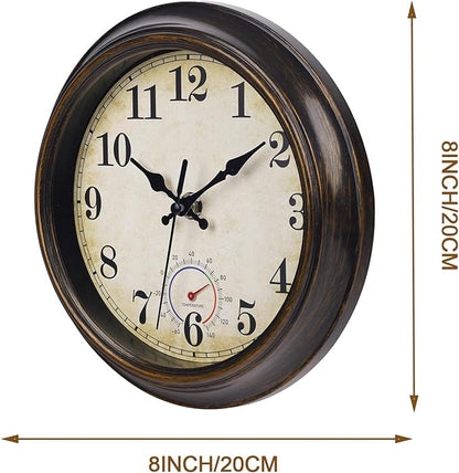 Outdoor Clocks Waterproof with Thermometer Combo Vintage Rustic Wall Clock for Patio Pool Bathroom Kitchen(8 Inch,Bronze)
