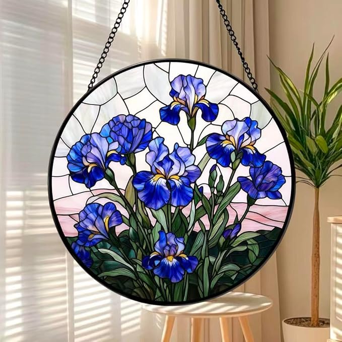 Stained Glass Window Hanging - Blue Iris Painting 7.8 Inches Suncatcher for Garden Home Decor for Women Mon Grandma Friends