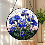 Stained Glass Window Hanging - Blue Iris Painting 7.8 Inches Suncatcher for Garden Home Decor for Women Mon Grandma Friends