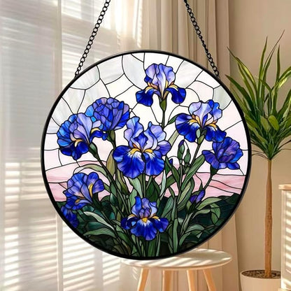 Stained Glass Window Hanging - Blue Iris Painting 7.8 Inches Suncatcher for Garden Home Decor for Women Mon Grandma Friends