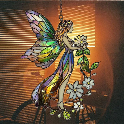 Floral Forest Fairy Acrylic Suncatcher Stained Glass Effect Window Car Hanging Christmas Ornament Indoor Outdoor Decor Garden Sun Catcher Panel for Fairy Lover for Women Mom Grandma