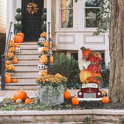 YEAHOME Fall Decorations Outdoor,Multiple Stacked Pumpkin Truck Decorative Garden Stakes for Fall Decor, Autumn Metal Yard Signs for Home Outside Garden Lawn Porch, Thanksgiving Decorations Outdoor