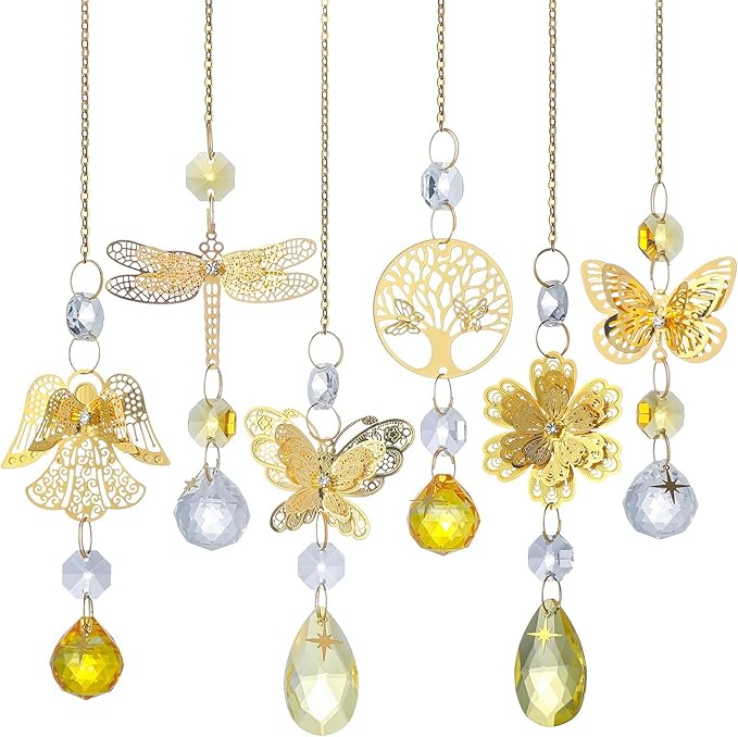 6pcs Yellow Crystal Suncatchers for Window Hanging Ornaments Garden Sun Catchers with Crystals Rainbow Maker Indoor Outdoor Decor