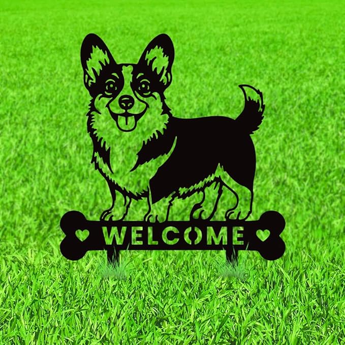 WADORN Dog Metal Decorative Garden Stakes, Funny Welcome Yard Sign Art Decoration Corgi Dog Silhouette Statues Black Garden Decor for Outside Dogs Lover Ornament Gifts for Backyard Patio Lawn Walkways