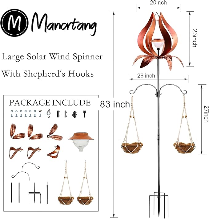 Solar Wind Spinner Outdoor Metal 83 Inch Windmill for Yard Garden Patio Decor Christmas Metal Yard Art Garden Easter Outdoor Decors Large Landscape Light with Shepherd Hooks Coconut Baskets
