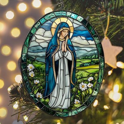 Virgin Mary Acrylic Suncatcher Stained Glass Effect Window Car Hanging Christmas Ornament Indoor Outdoor Decor Garden Memorial Sun Catcher for Family Christmas Jesus Gift for Women Mom Grandma