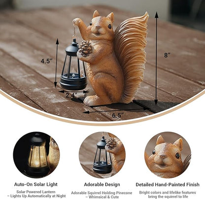 Solar Squirrel Garden Statue Outdoor Decor, Squirrel Sculpture with Lantern for Yard Lawn Patio Balcony, Christmas Birthday Housewarming Gifts for Mom, Grandma, Women, Brown,Resin