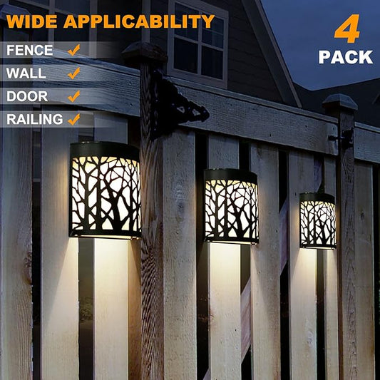DenicMic Solar Wall Lights Outdoor Wall Sconce Fence Lighting for Patio Front Door Yard Deck Stair Led Forest Decorative Lamps, Waterproof, Warm White Color Changing (4 Pack)