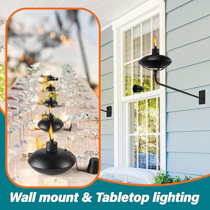 6 Pack Wall Mounted Citronella Torches, 18 oz Garden Torches for Outside, Refillable Flame Light Torch, Outdoor Metal Torch for Yard, Patio, Deck, Garden, Party, Landscape