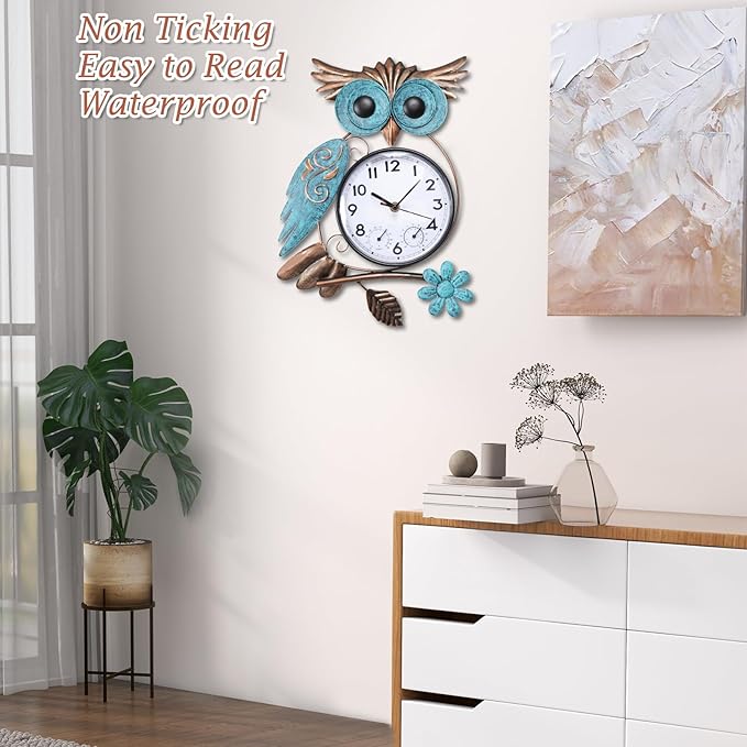 MUMTOP Owl Outdoor Clock Waterproof, 14.56 Inch Outside Wall Clock with Thermometer Combo for Patio Pool Garden Home Decor