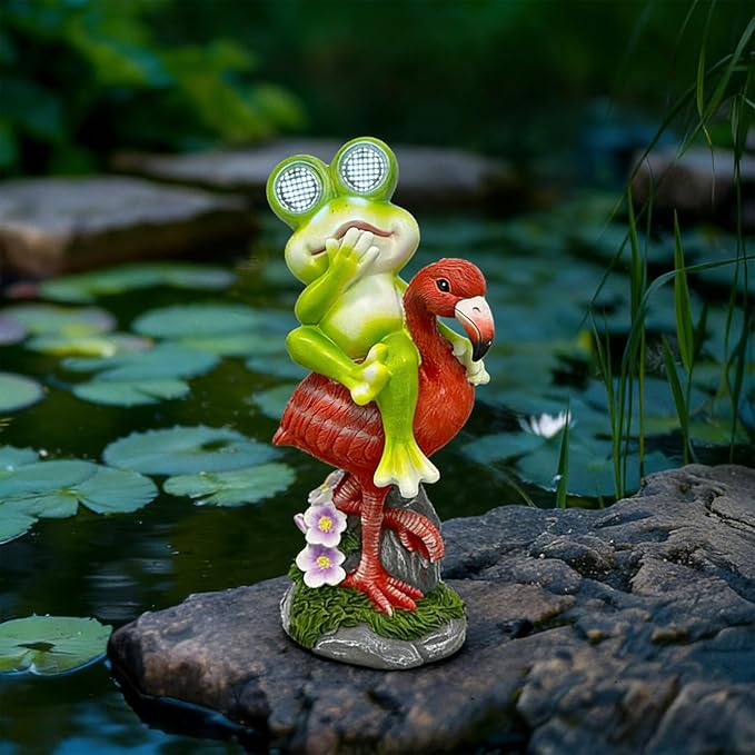 Solar Garden Decor Garden Statues Yard Art Frog Riding Flamingo Outdoor Funny Decoration for Lawn, Patio, Yard, Gardening Gifts for Women Mothers Day Gifts for Mom