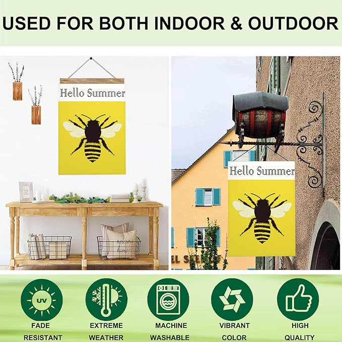 Mugod Bee Honeybee House Flag 28x40 Inch Double Sided Burlap, Hello Summer Large Yard Banner for Outdoor Seasonal Decoration