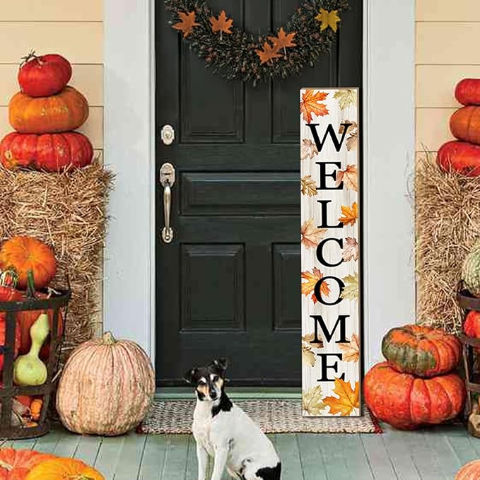 Fall Porch Sign Autumn Maple Leaf Welcome Sign Vertical Standing Sign For Front Porch Decor Farmhouse Wall Hanging for Patio Yard Party Indoor Outdoor Thanksgiving Decoration 47.2"H
