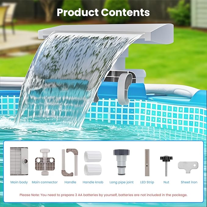 Pool Fountain Waterfall for Above Ground Pools with 7-Color LED Lights, Smooth Flowing Pool Waterfall for Outdoor Decor and Relaxation, Adjustable Width Fits Various Frame Pools (Led Light)