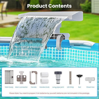 Pool Fountain Waterfall for Above Ground Pools with 7-Color LED Lights, Smooth Flowing Pool Waterfall for Outdoor Decor and Relaxation, Adjustable Width Fits Various Frame Pools (Led Light)