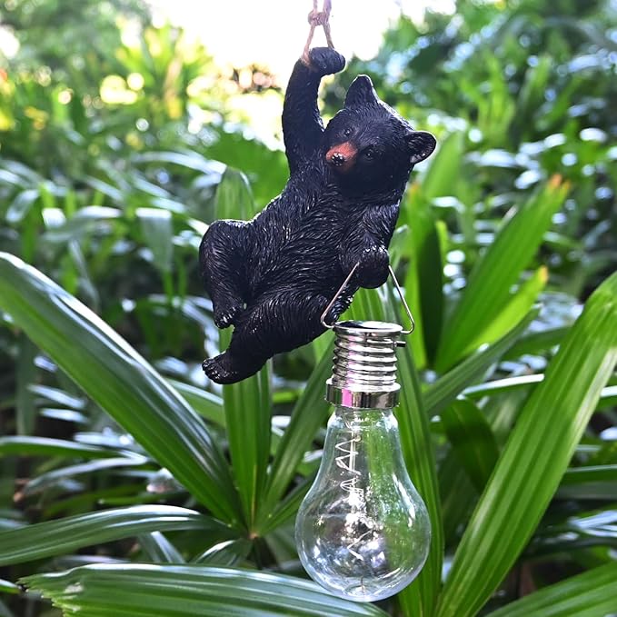 Solar Bear Statues Outdoor: Hanging Garden Decor for Outside Cabin Porch Light Yard Decorations Tree Ornaments Small Resin Figurines Funny Gifts Mama Women