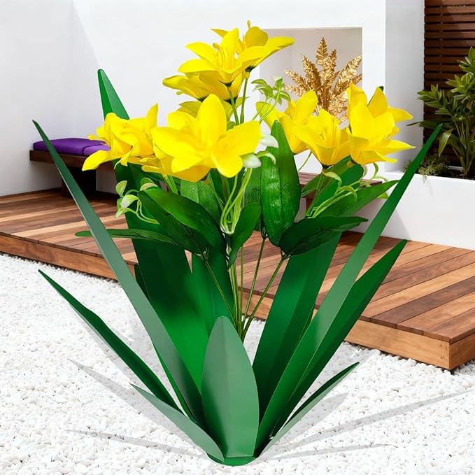 DDQ Metal Agave Plant Outdoor Decor with Artificial Flowers, Mexican Style Garden Sculpture, Waterproof Yard Art for Patio Lawn, Multiple Flower Options (Green Agave + Sunflower/Red/Yellow/Purple)
