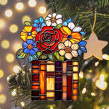 Red Rose Flowers Books Acrylic Suncatcher Stained Glass Effect Window Car Hanging Christmas Ornament Indoor Outdoor Decor Garden Sun Catcher Panel for Book Lover for Women Mom Grandma