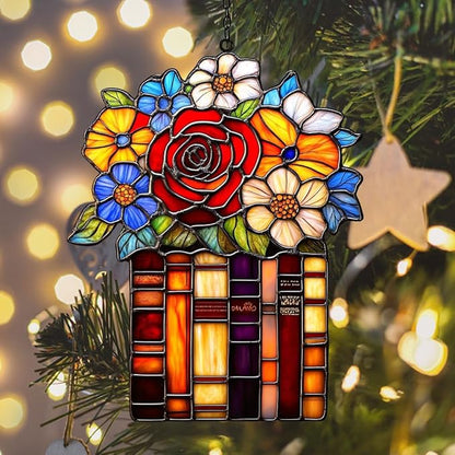 Red Rose Flowers Books Acrylic Suncatcher Stained Glass Effect Window Car Hanging Christmas Ornament Indoor Outdoor Decor Garden Sun Catcher Panel for Book Lover for Women Mom Grandma