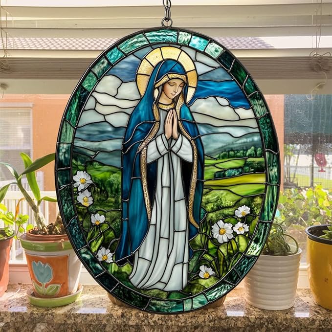 Virgin Mary Acrylic Suncatcher Stained Glass Effect Window Car Hanging Christmas Ornament Indoor Outdoor Decor Garden Memorial Sun Catcher for Family Christmas Jesus Gift for Women Mom Grandma