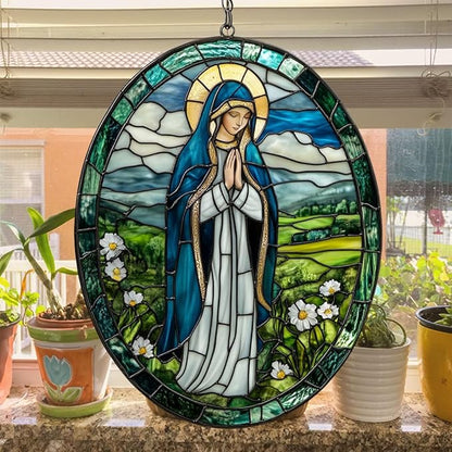 Virgin Mary Acrylic Suncatcher Stained Glass Effect Window Car Hanging Christmas Ornament Indoor Outdoor Decor Garden Memorial Sun Catcher for Family Christmas Jesus Gift for Women Mom Grandma