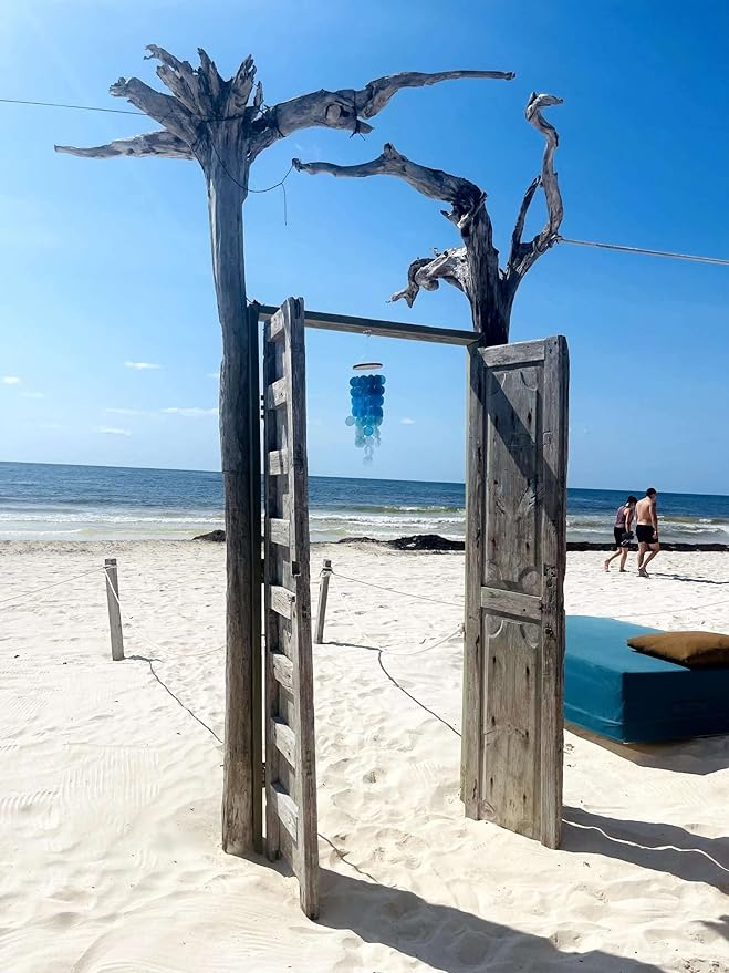 Capiz Shell Wind Chimes, Handmade Memorial Wind Chime with Melodious Sound, Sturdy Wood Top, Blue