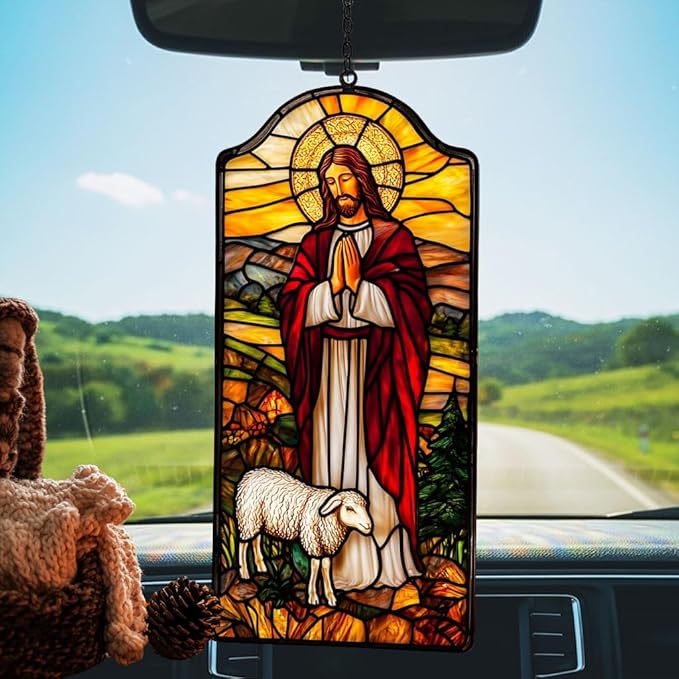 Jesus Acrylic Suncatcher Stained Glass Effect Window Car Hanging Christmas Ornament Indoor Outdoor Decor Garden Memorial Sun Catcher for Family Christmas Jesus Gift for Women Mom Grandma