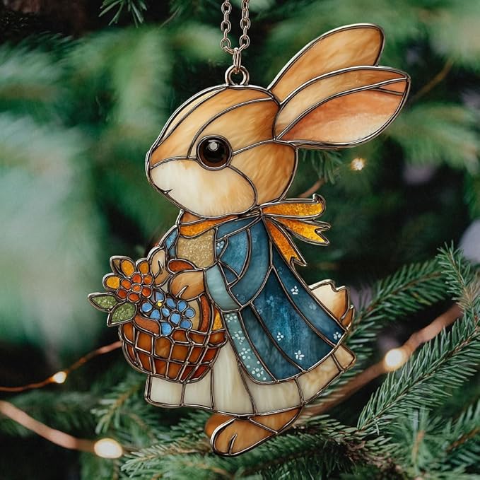 Whimsical Rabbit Floral Mosaic Decor Acrylic Suncatcher Stained Glass Effect Window Car Hanging Christmas Ornament Indoor Outdoor Decor Garden Sun Catcher Panel for Easter Lover for Women Mom Grandma