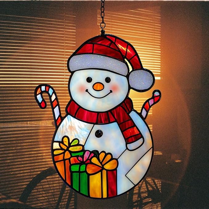 Cute Snowman Acrylic Suncatcher Stained Glass Effect Window Car Hanging Christmas Ornament Indoor Outdoor Decor Garden Sun Catcher Panel for Christmas Lover for Women Mom Grandma