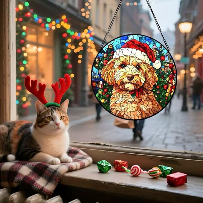 Stained Glass Window Hanging - 6.3 Inches Christmas Tree and A Dog Wearing a Xmas Hat Suncatcher for Garden Home Decor for Women Mon Grandma Friends