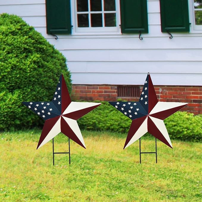 Metal American Star Yard Sign Outdoor Garden Stake Decor Patriotic Star Barn Ornaments US Flag Barn Star Decorative Yard Signs Stakes Lawn Art Sign for 4th of July Memorial Veterans Day
