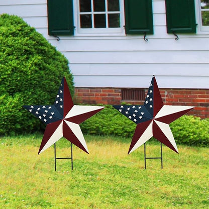 Metal American Star Yard Sign Outdoor Garden Stake Decor Patriotic Star Barn Ornaments US Flag Barn Star Decorative Yard Signs Stakes Lawn Art Sign for 4th of July Memorial Veterans Day