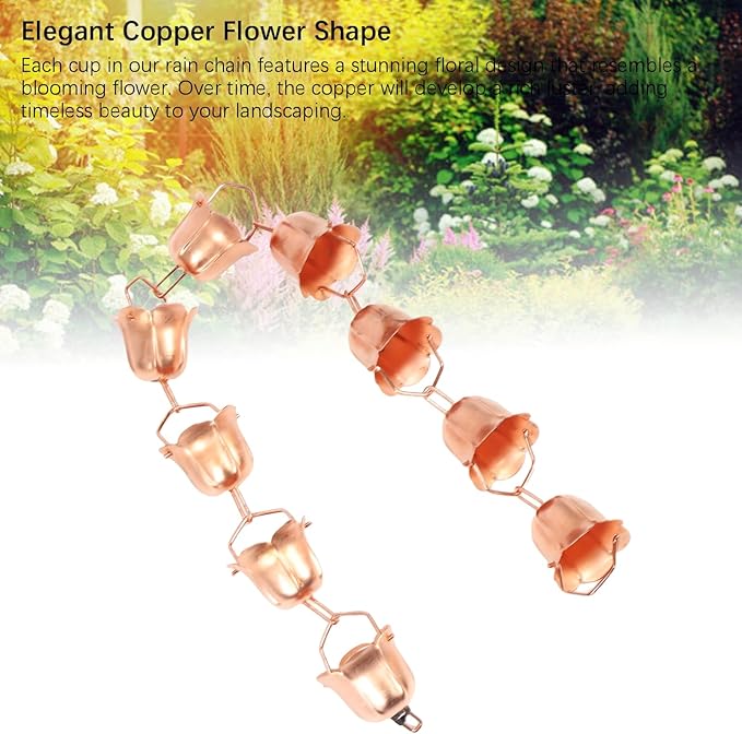 Luocute 3.28ft Hanging Rain Chain, Copper Elegant Weatherproof Rain Catcher Chain, Suitable for Yard Garden Temple (Morning Glory Shaped)