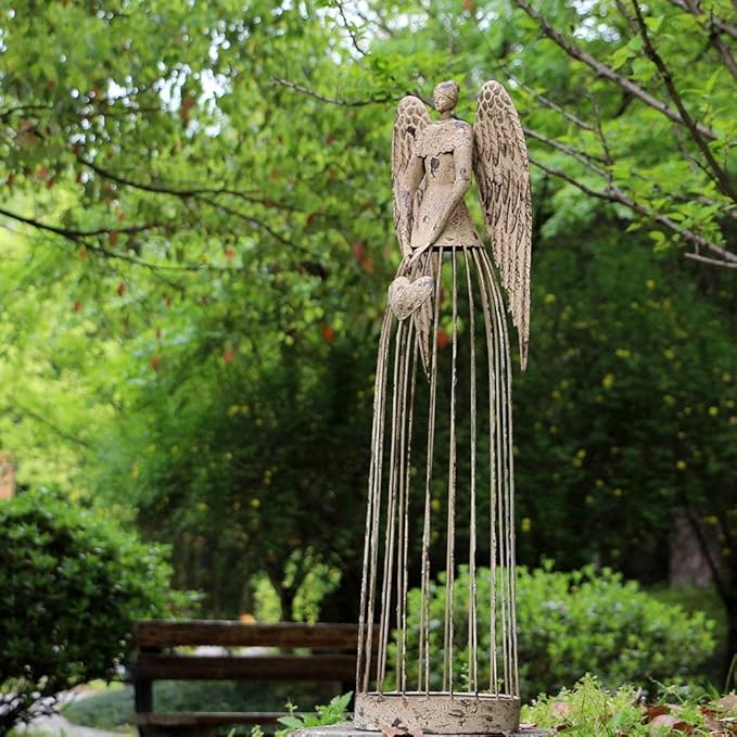 Angel Garden Statue Outdoor Antique Metal Yard Art Decor Lawn Patio Decorations Garden Trellis for Climbing Plants Potted Vines Ivy Roses (26" H+32" H)