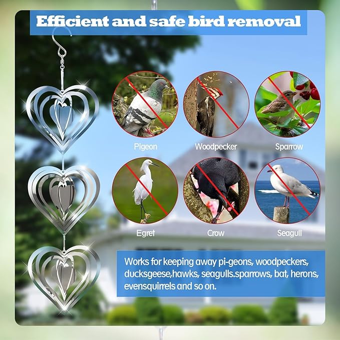 Stainless Steel Wind Spinner,3D Silver Indoor Outdoor Garden Decoration Crafts Ornaments,Metal Wind Chimes for Outside Decor,Decorations to Scare Away Yard Birds (Heart-Wind Sculpture)