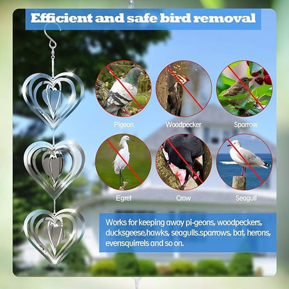 Stainless Steel Wind Spinner,3D Silver Indoor Outdoor Garden Decoration Crafts Ornaments,Metal Wind Chimes for Outside Decor,Decorations to Scare Away Yard Birds (Heart-Wind Sculpture)