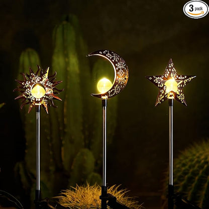 Solar Garden Stake Lights, Moon Sun Star Yard Decorations Outdoor 3 Pack Solar Garden Decor for Lawn, Pathway, Flower Bed, Memorial Garden, Patio Outdoor Gifts for Mom, Loved Ones
